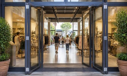 Große Eingangstüren in Outlet-Centern: Offenheit trifft Insektenschutz
