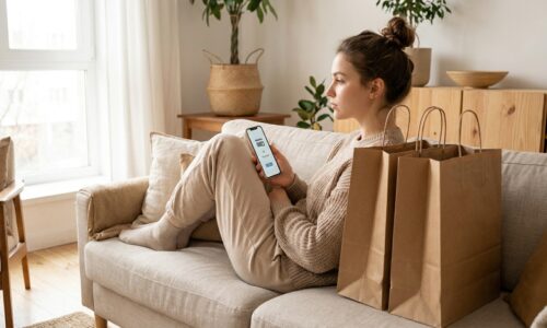 Frau mit Smartphone und Einkaufstaschen prüft eine Zahlungsoption